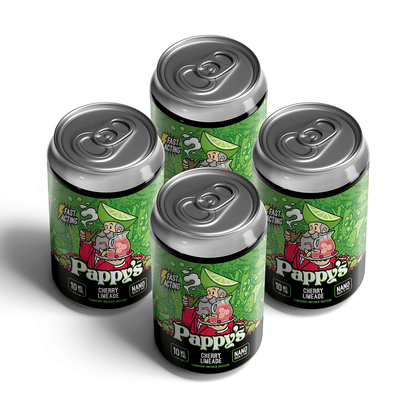 Four green cans of Pappy's Cherry Limeade Seltzer on a white background