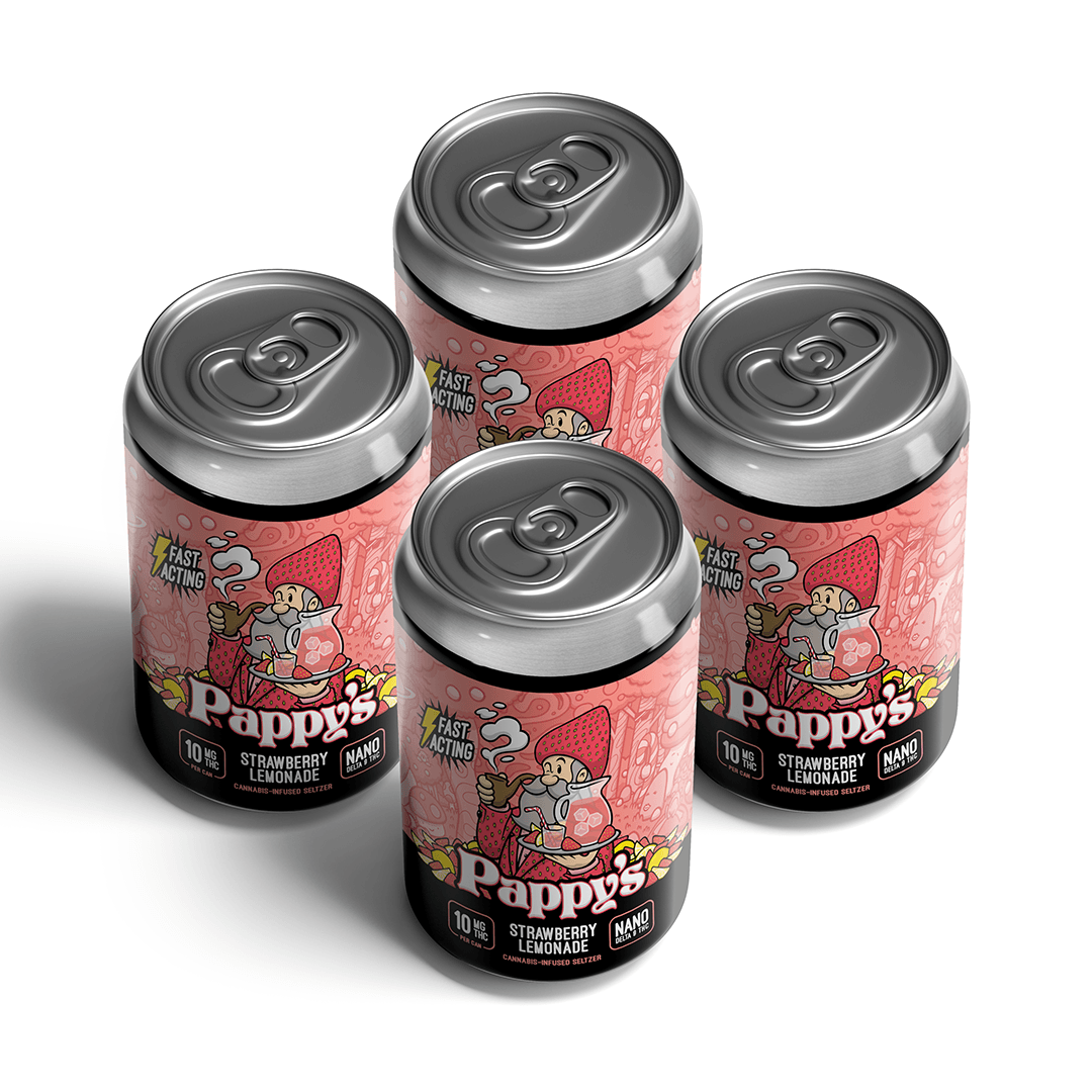 Four Pappy's Strawberry Lemonade Seltzer cans on a white background