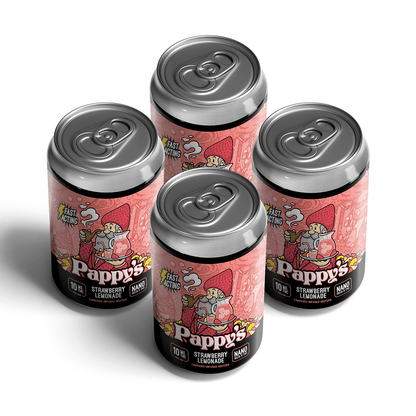 Four Pappy's Strawberry Lemonade Seltzer cans on a white background