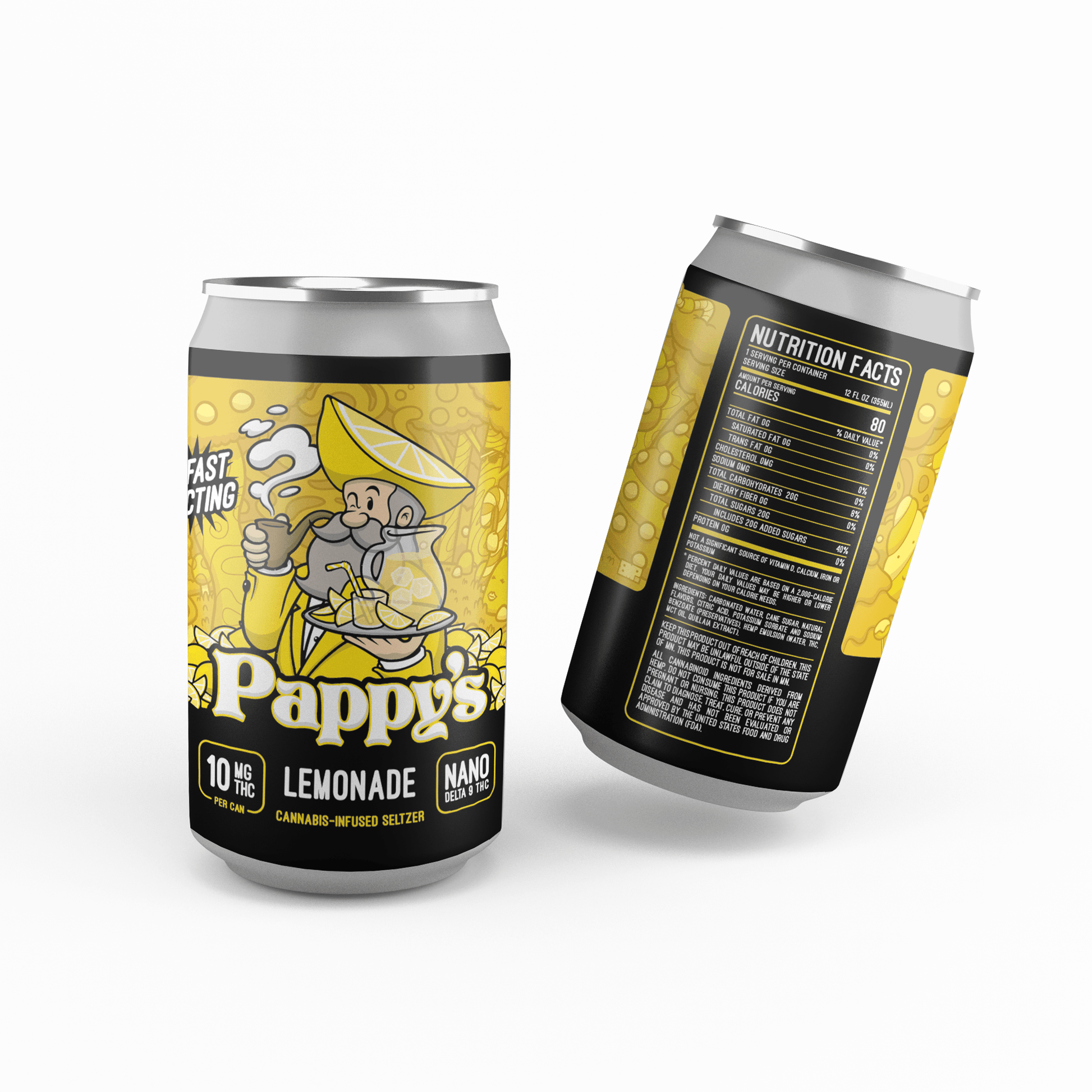 Two cans of Pappy's Lemonade Seltzer on a white background