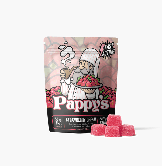Pappy’s Strawberry Dream THC gummy bag with pink gummies displayed in front